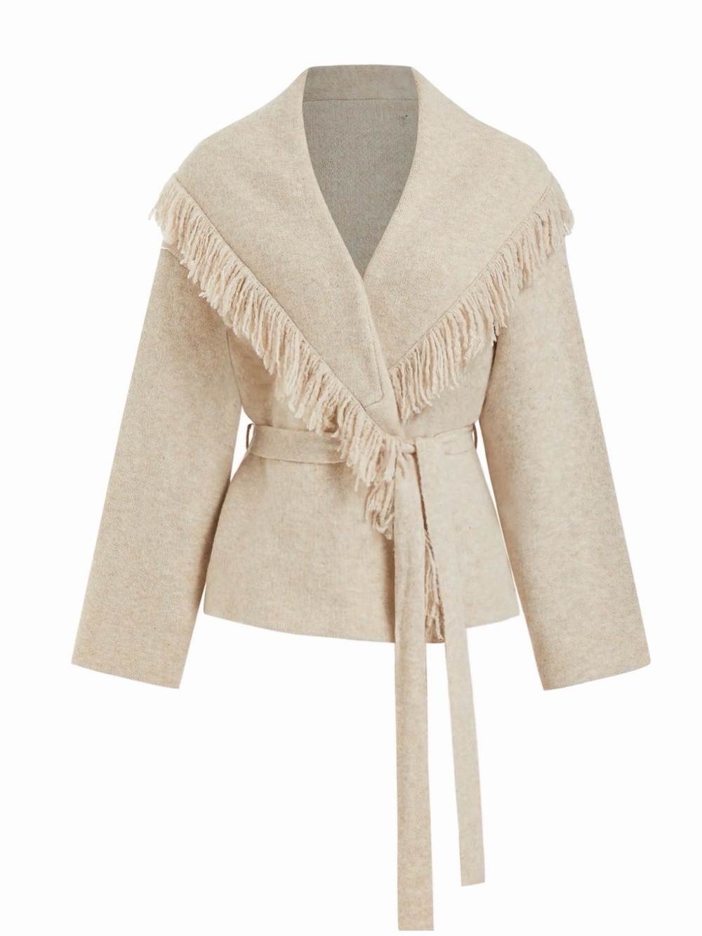 Cider Cream Fringed Shawl-Collar Belted Sweater Jacket
